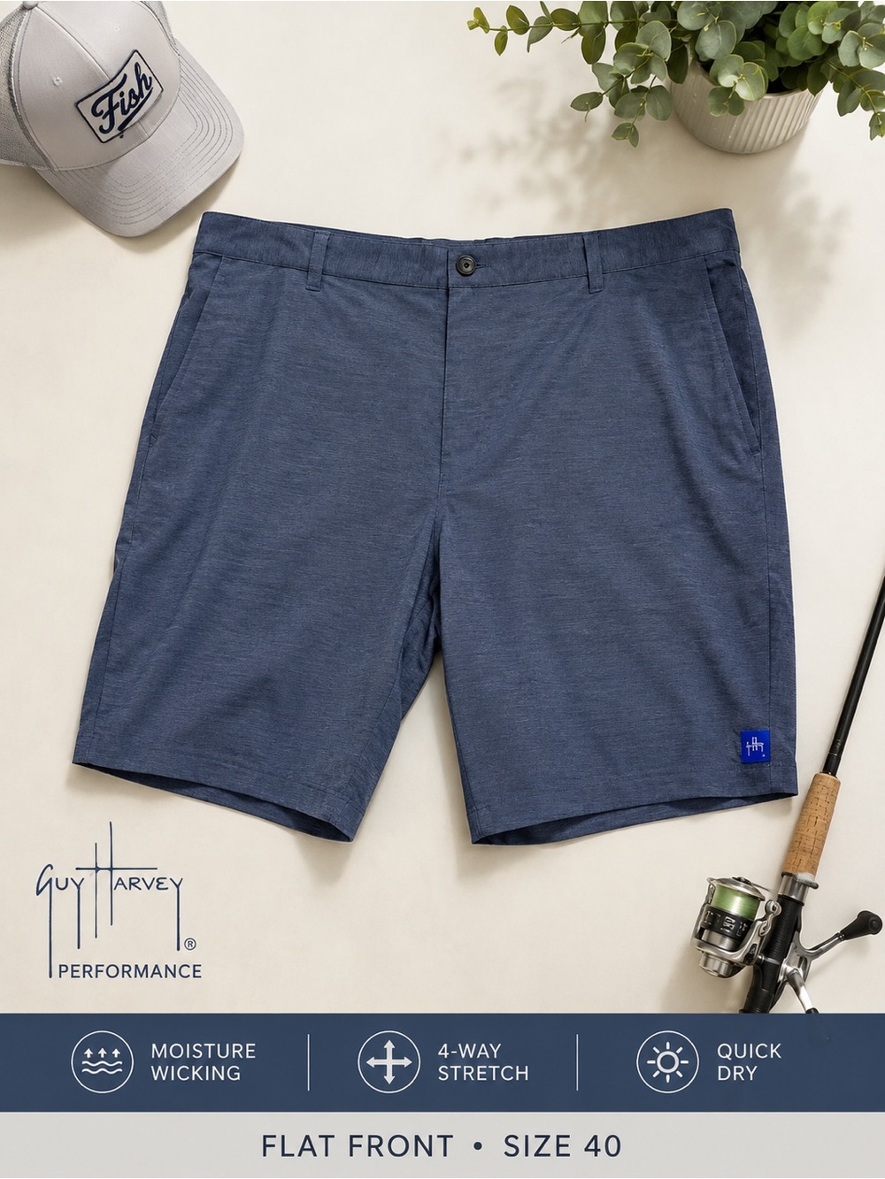 Guy Harvey Men’s Blue Performance Fishing Golf Shorts Flat Front 40
